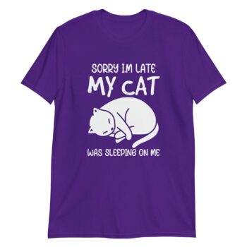 Cat Nap T Shirt – Sorry I’m Late, My Cat Was Sleeping on Me unisex basic softstyle t shirt purple front 69c63b432db6a